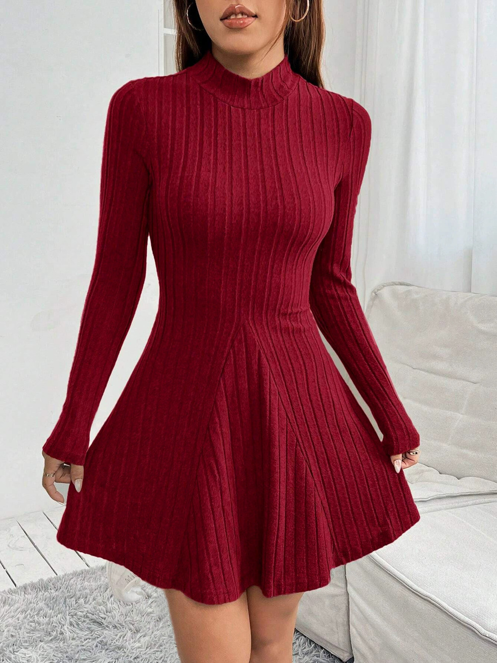 ZARA Slim Fit Mock Neck Fitted Waist A-Line Dress Long Sleeve Ribbed